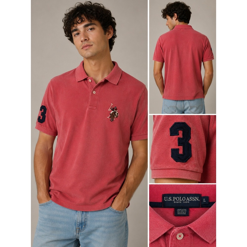US Polo Assn Mens Red Short Sleeve Pique Polo Shirt Big Logo Size L